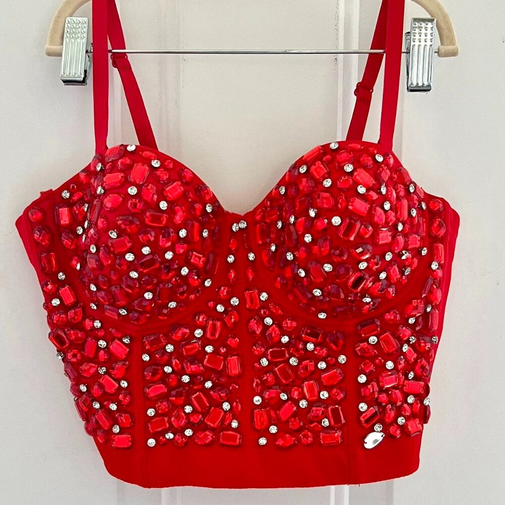AM Semi-custom Red Corset top with large rhinestones